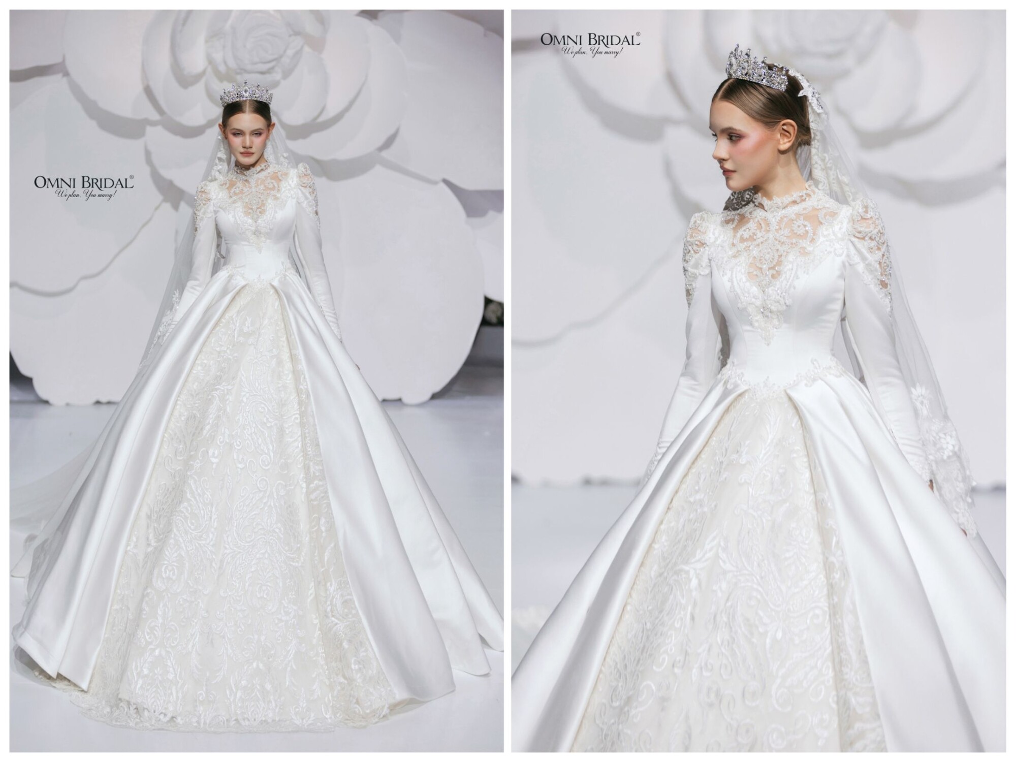 Váy cưới hoàng gia ren và satin kết hợp