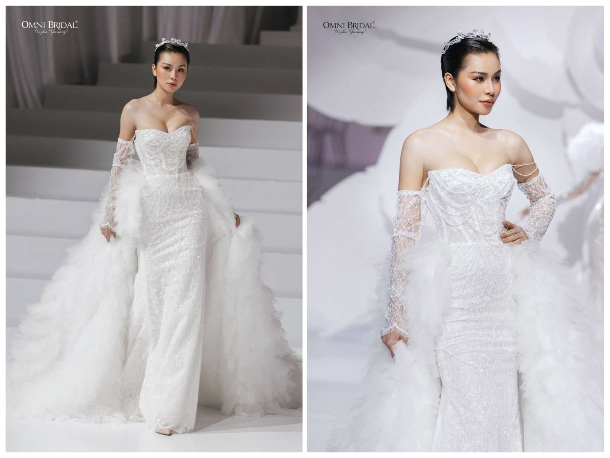 Váy cưới dáng ôm với phần tay và tà rời