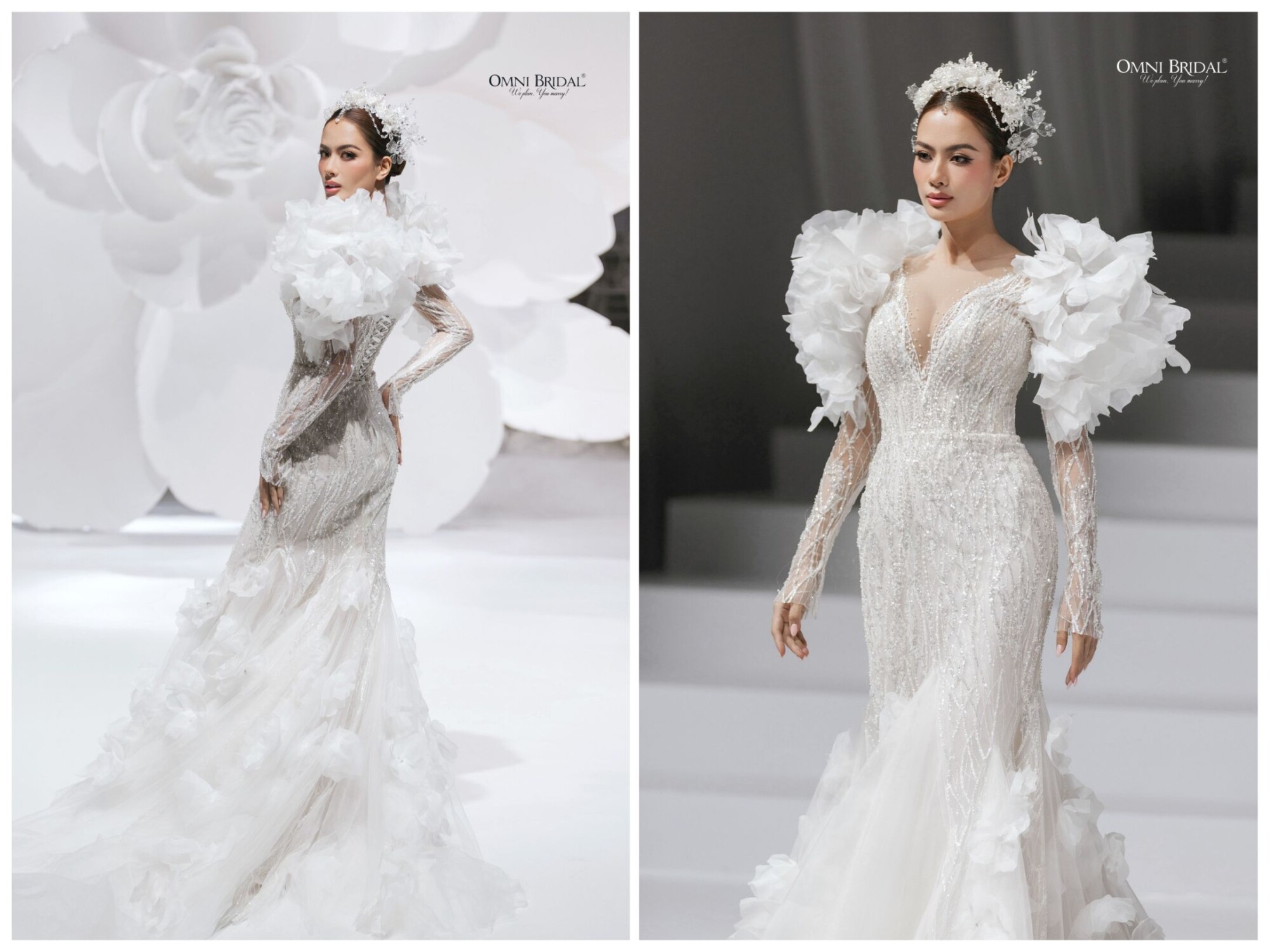 Váy cưới cổ V tay phồng 3D